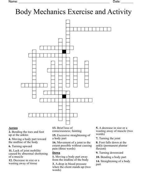 Body Mechanics Exercise and Activity Crossword - WordMint