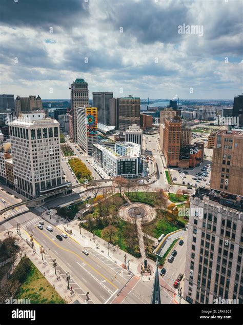 DETROIT, MI, UNITED STATES - Apr 15, 2021: Aerial photo of Detroit City ...