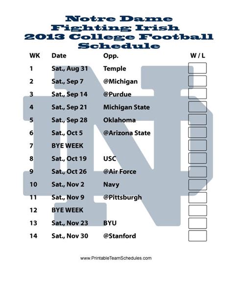 Notre Dame Football Schedule Printable