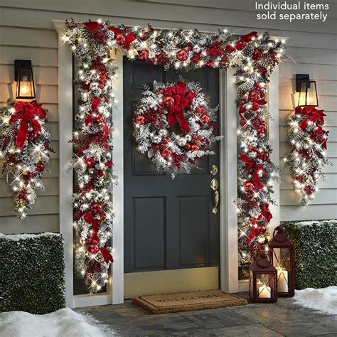 Leaveforme Christmas Artificial Wreath, Flocked Snow, Shiny Balls, & Red Bow Ribbon Decor ...