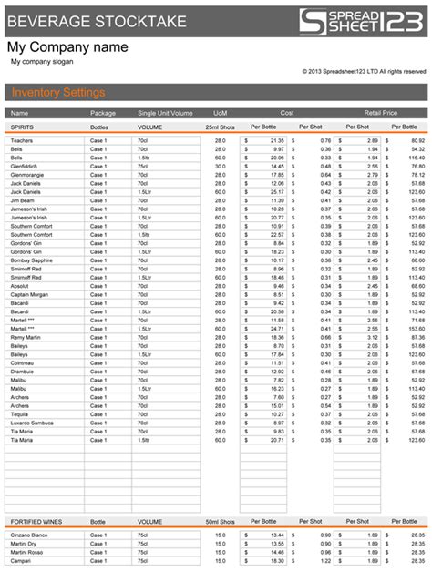 Beverage Stocktake Template for Excel