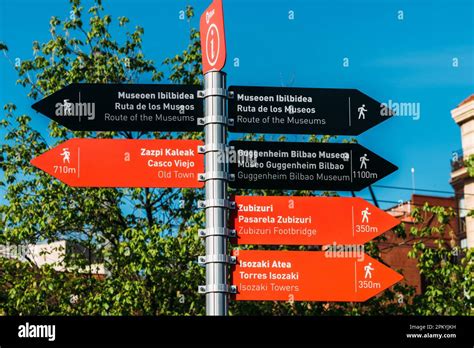 Bilbao, Spain - April 7, 2023: Sign pointing towards tourist ...