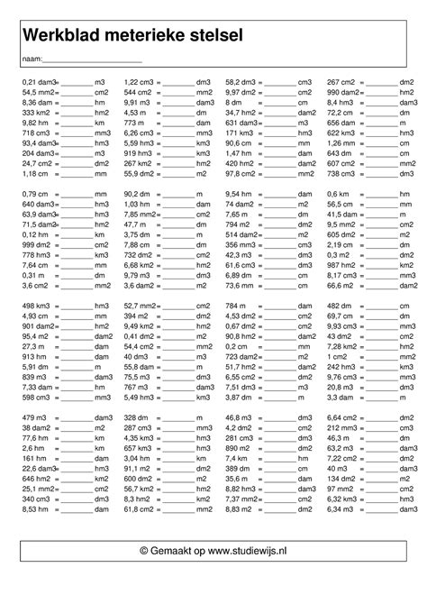 Metrieke stelsel extra oefenen - Werkblad meterieke stelsel naam