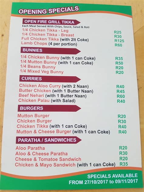 Menu at SA BABAS FAMILY RESTAURANT & TAKE AWAY, Durban