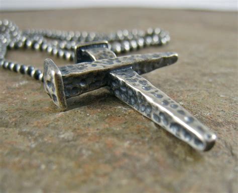 Mens Cross Necklace Rugged Nail Cross Mens Necklace with