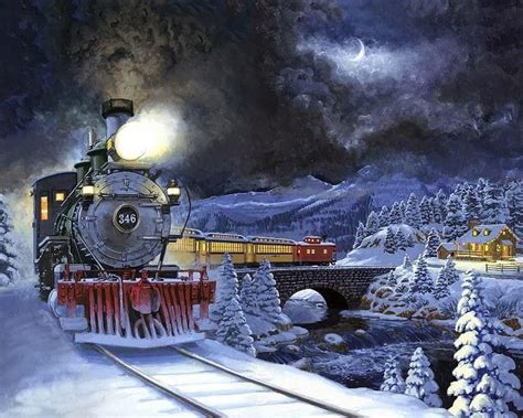 slow train coming snow winter painting art Canvas Wall Poster | Train ...