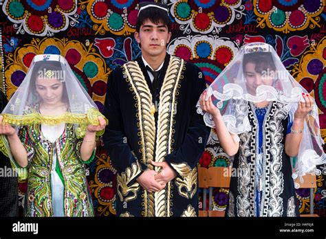 Young people show the traditional wedding ceremony in Tajikistan during ...