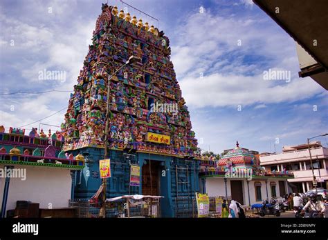 Puducherry / Pondicherry, India - October 30, 2018: An Indian colorful temple named ...