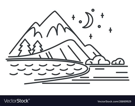 Mountains and river or lake night outline Vector Image