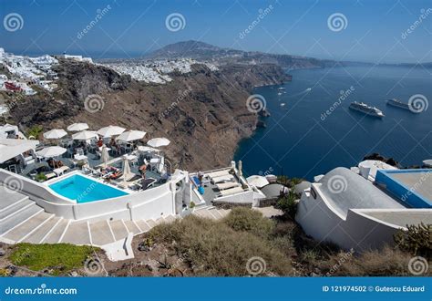 Santorini Infinity Pool Detail on Fira and Oia Town in Summer Traveling ...