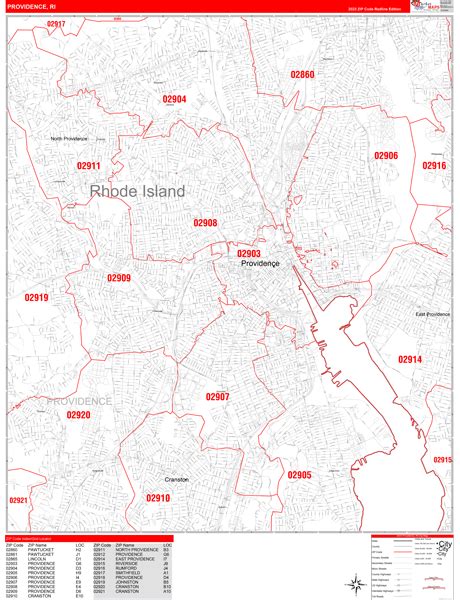 Providence Rhode Island Zip Code Wall Map (Red Line Style) by ...