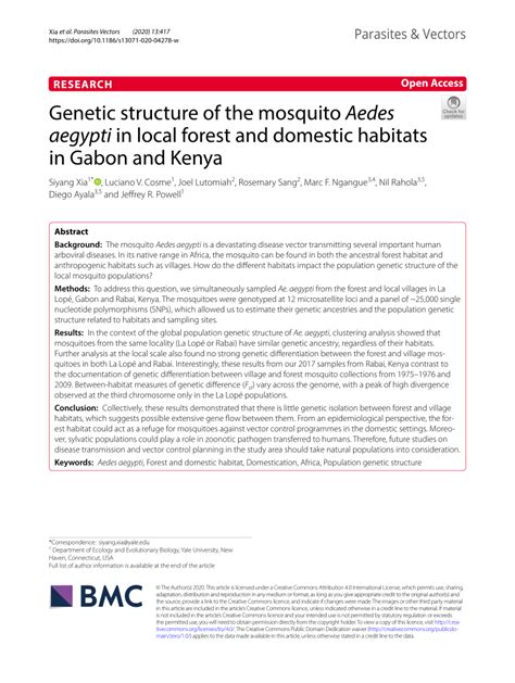 (PDF) Genetic structure of the mosquito Aedes aegypti in local forest and domestic habitats in ...