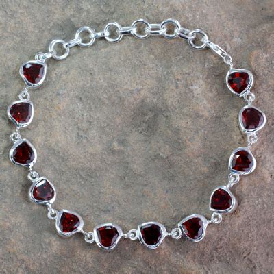 Romantic Garnet Heart Bracelet - Romance All Around | NOVICA