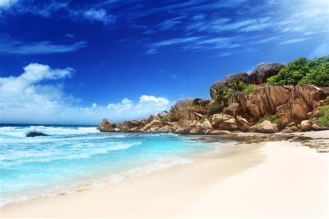 Download Ocean Sand Sky Seychelles Islands Seychelles La Digue Island Beach Seashore Tropics ...