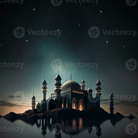 View of Mosque In Starry Night, Mosque Reflection In The Water. Islamic ...