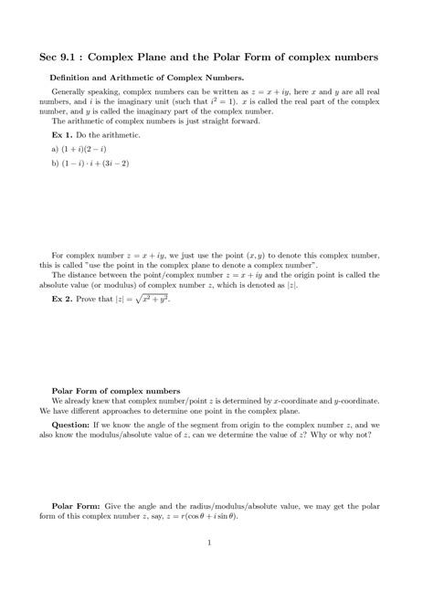 Complex Plane and Polar Form of a Complex Number - Lecture Notes | MATH 112 - Docsity