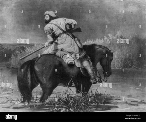 The trappers last shot - Trapper on horse in water, circa 1850 Stock Photo: 68666725 - Alamy