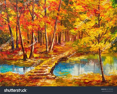 Oil Painting Landscape Autumn Forest Near Stock Illustration 621707939