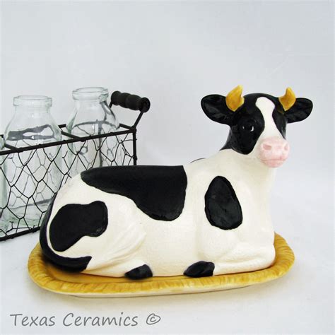 Cow Butter Dish Tray in Black and White, Texas Farmhouse Holstein Cow Butter Dish with Lid ...