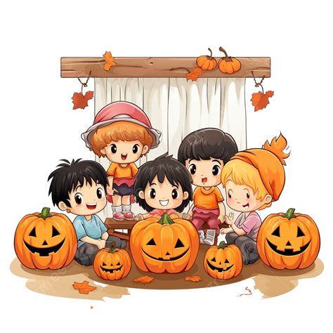 Halloween Party With Group Children Who Sitting Together On A Wooden ...