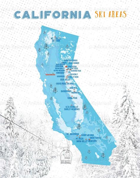 Ski Map Resorts Map for Skiers California Ski Map Gift for - Etsy