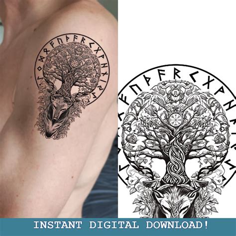 Fenrir With Yggdrasil Tattoo Design Instant Digital L Download Norse ...