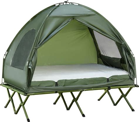 Outsunny 2 Person Foldable Camping Cot, Portable Outdoor with Bedspread & Thick Air Mattress ...