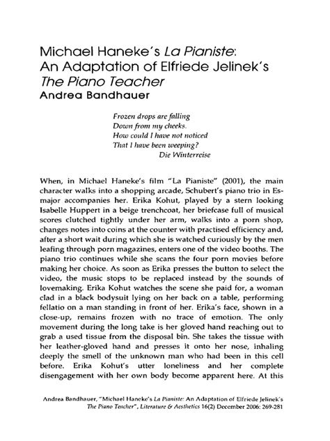 Michael Haneke's La Pianiste: An Adaptation of Elfriede Jelinek's The ...