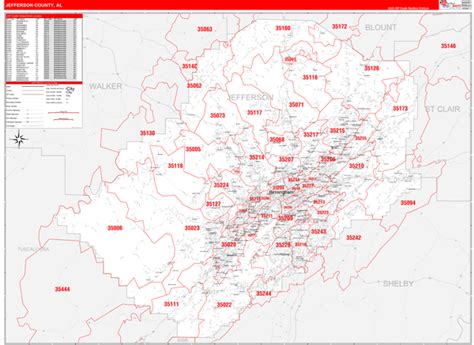 Jefferson County, AL Zip Code Wall Map Red Line Style by MarketMAPS - MapSales