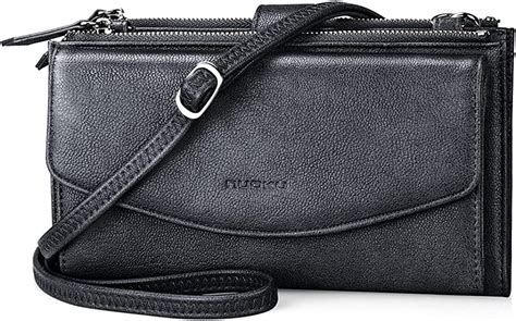 nuoku Travel Double Zip Wristlet,Women RFID Wallet Purse Crossbody Clutch with 2 Straps (Black ...