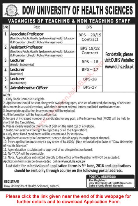 Dow University of Health Sciences Karachi Jobs 2016 May / June DUHS Application Form Teaching ...