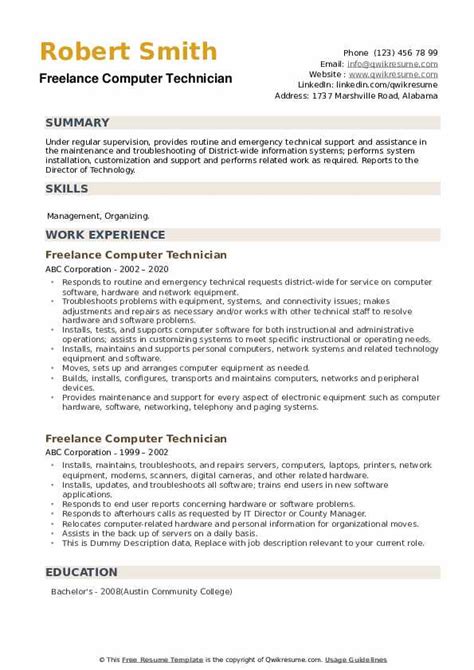 Freelance Computer Technician Resume Samples | QwikResume