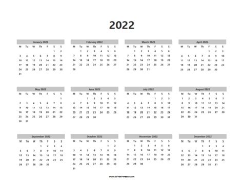 2022 Calendar Printable One Page