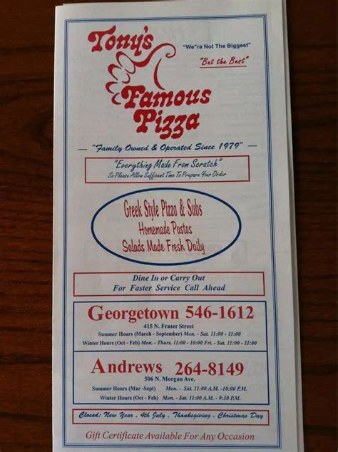 Menu at Tony's Famous Pizza pizzeria, Georgetown