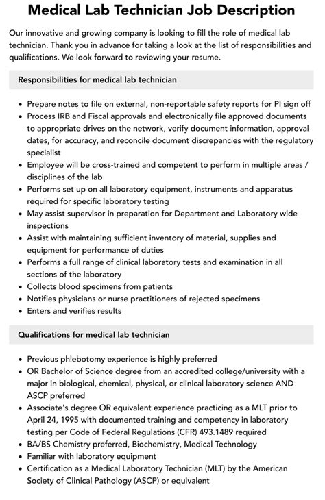 Medical Lab Technician Job Description | Velvet Jobs