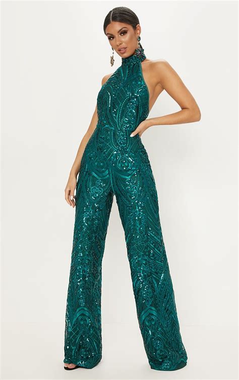 Green Sequin High Neck Jumpsuit | Jumpsuit elegant, Prom jumpsuit, Sparkly jumpsuit