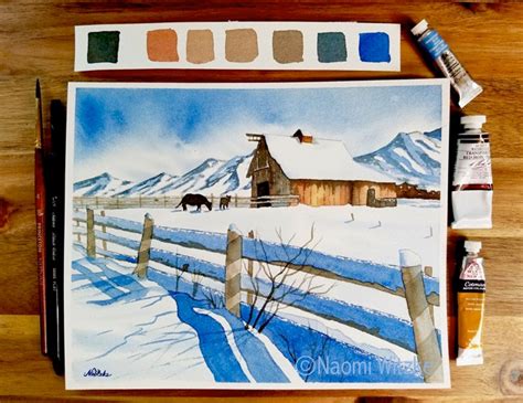 Snowy Winter Barn Watercolor Art Print, Watercolor Barn With Animals ...