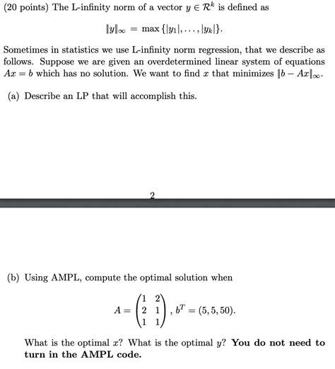 Solved (20 points) The L-infinity norm of a vector y E Rk is | Chegg.com