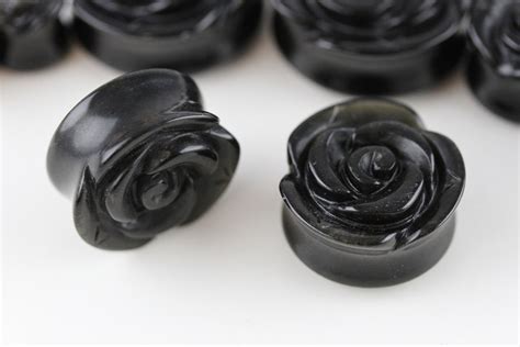 Black Rose Plugs - Glass (Pair) - PH119– Two Feather Plugs