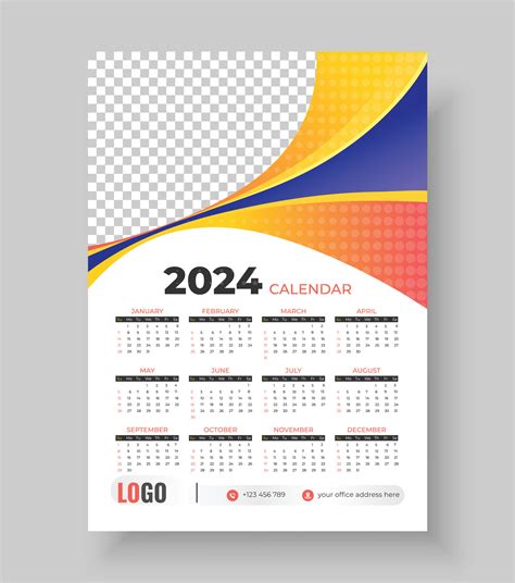 Wall Calendar 2024 Template Design. One Page Calendar. 12 Months ...