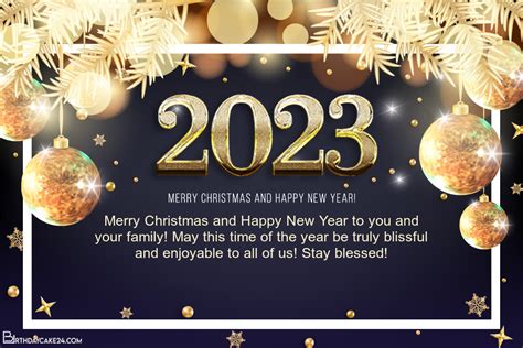 Shiny Gold Merry Christmas And Happy New Year 2023 Greeting Cards