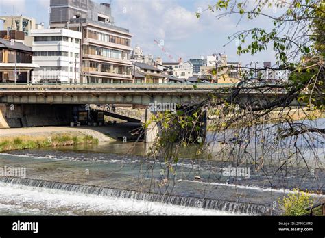 April 2023, Kyoto city centre Japan with river Kamo running through downtown Kyoto, restaurants ...