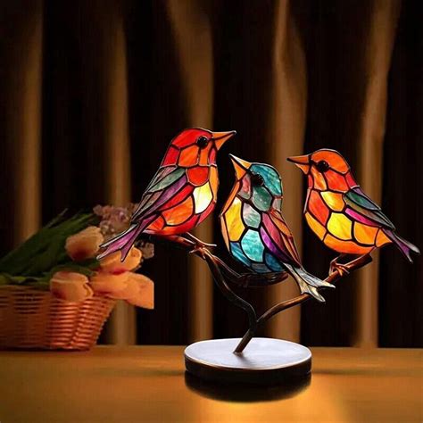 Stained Birds on Branch Desktop Ornaments, Multicolor Bird Stained ...