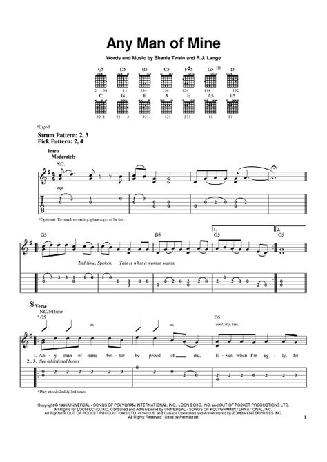 Any Man Of Mine" Sheet Music by Shania Twain for Easy Guitar Tab - Sheet Music Now