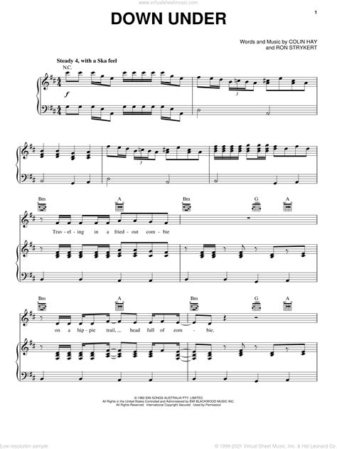 Down Under sheet music for voice, piano or guitar (PDF)