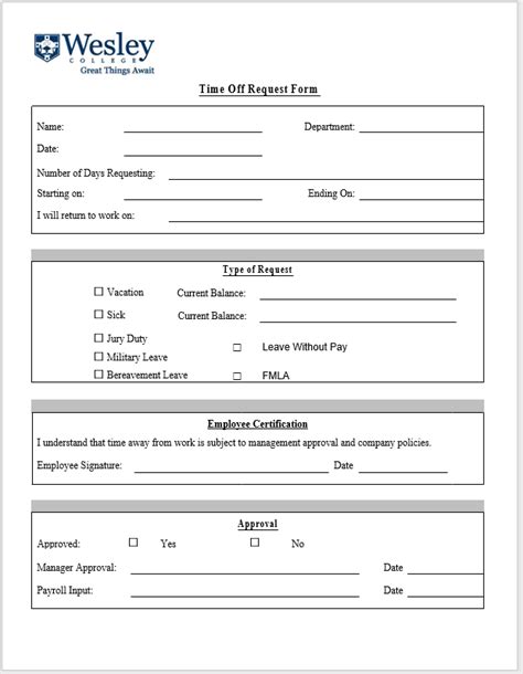 Time Off Request Form Template Word