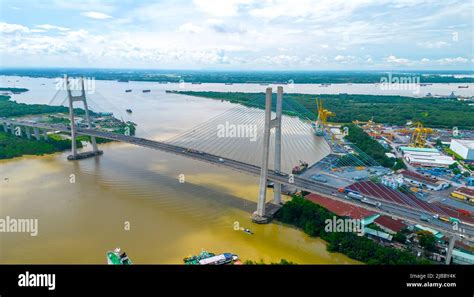 Drone view of Phu My bridge in Ho Chi Minh city, Vietnam. This is the ...