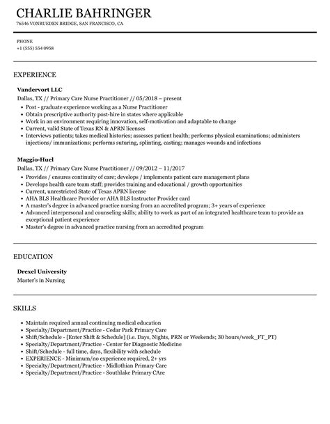 Primary Care Nurse Practitioner Resume Samples | Velvet Jobs