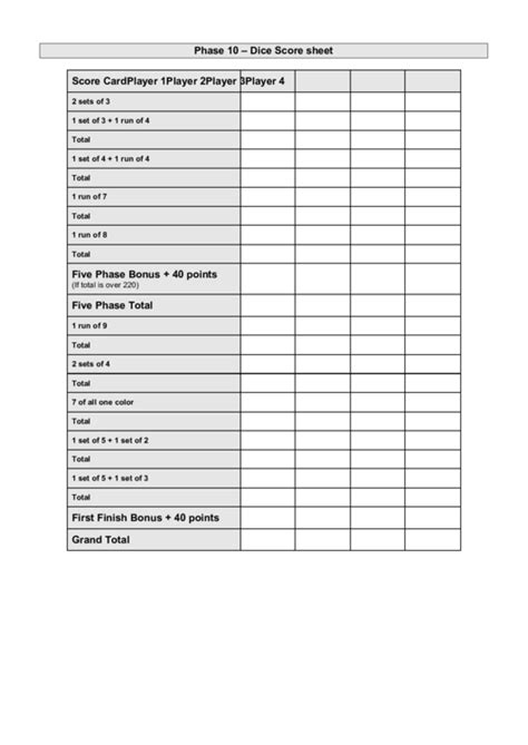 Phase 10 - Dice Score Sheet printable pdf download