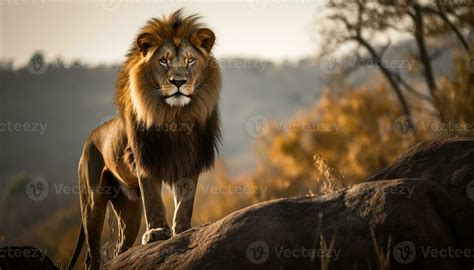 Majestic lion standing in the savannah, roaring with aggression ...